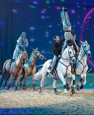 1 cavalière debout sur 2 chevaux et 3 voltigeurs