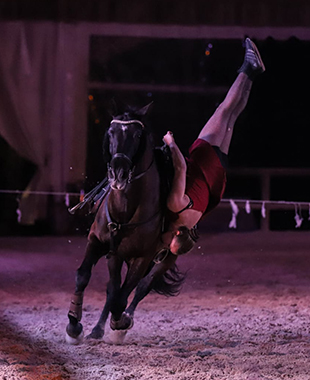 Figure de voltige arbre droit sur le côté du cheval